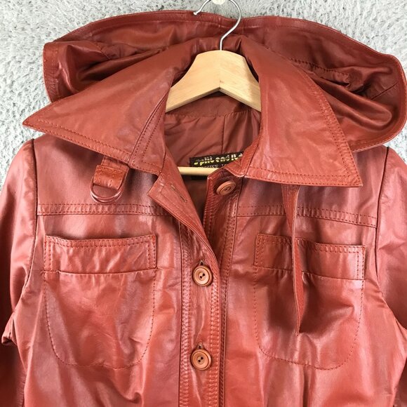 Vintage 70s Genuine Leather Trench Coat With Hood size 7 - Picture 3 of 13